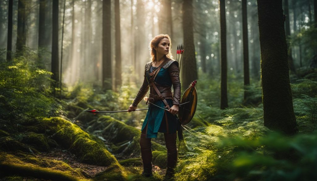 A well-matched arrow and bow set in a lush forest.