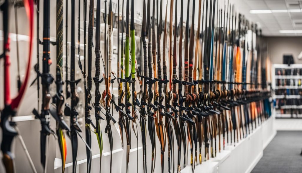 A variety of beginner recurve bows displayed in an archery shop.