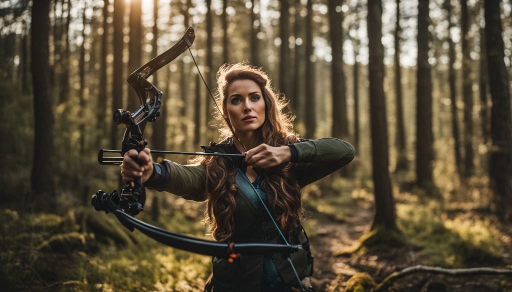 A woman archer aims a compound bow - peep sight easy tuning...