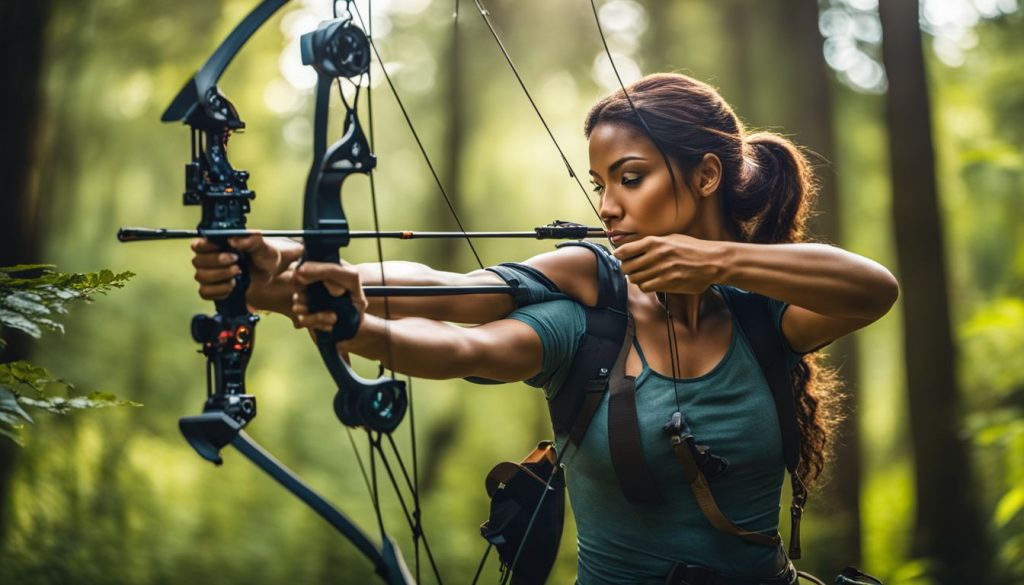 A female archer aims a compound bow with a amount of force...