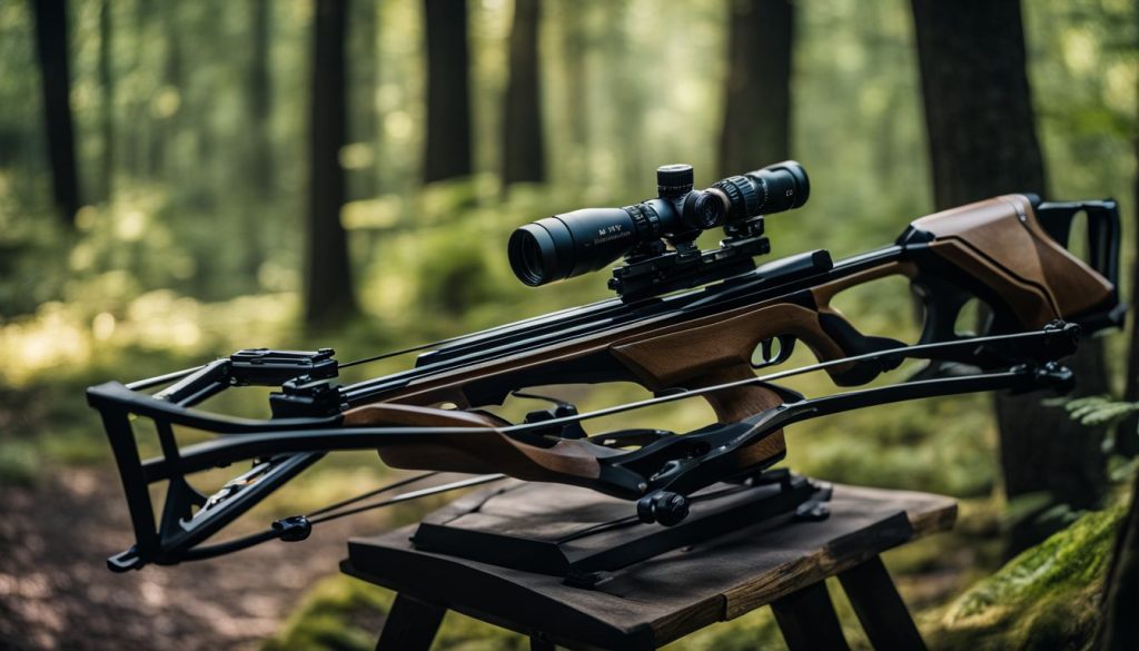 A premium crossbow placed on a wooden hunting stand...