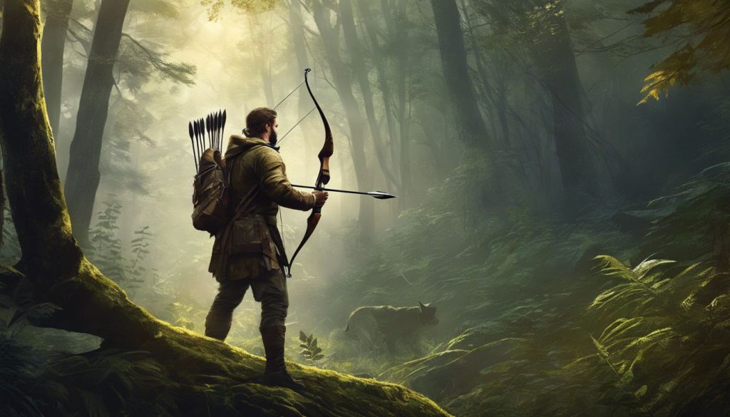 A focused hunter draws a precision hunting arrow in a dense forest.