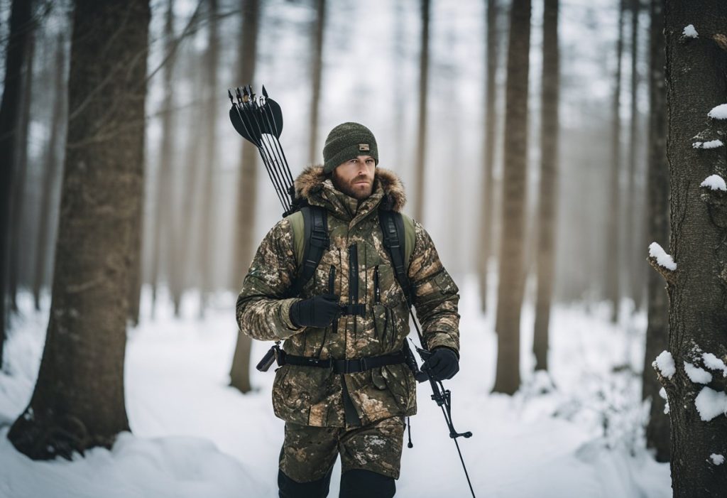 A hunter in insulated camo gear, navigating through snowy woods with a bow and arrow, facing frigid temperatures and harsh conditions.