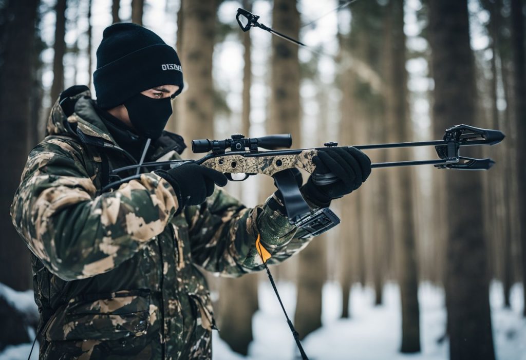 A hunter in insulated camo jacket and pants, wearing gloves and a facemask, stands in a snowy forest with a compound bow at the ready