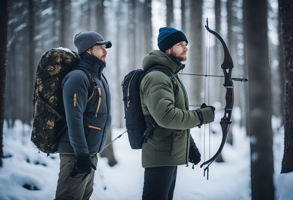 A hunter wearing insulated base layers, fleece mid-layers, and a waterproof outer shell, standing in a snowy forest with a bow and arrow.