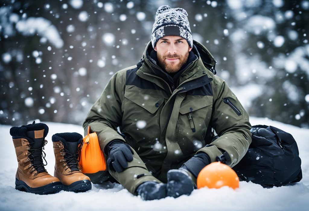 A hunter's gear laid out: insulated camo jacket, fleece-lined pants, waterproof boots, gloves, and a beanie. Snowflakes fall in the background.