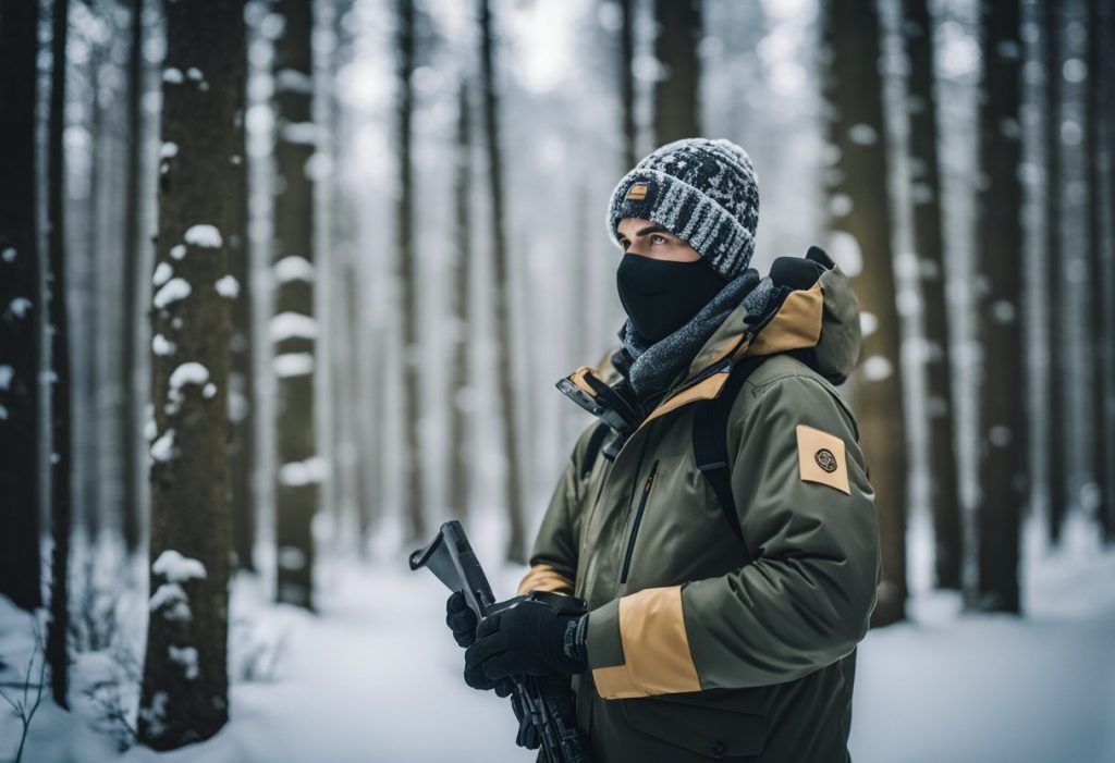 A hunter stands in a snowy forest, wearing insulated camo jacket, pants, and gloves, with a face mask and hat to protect against the cold.