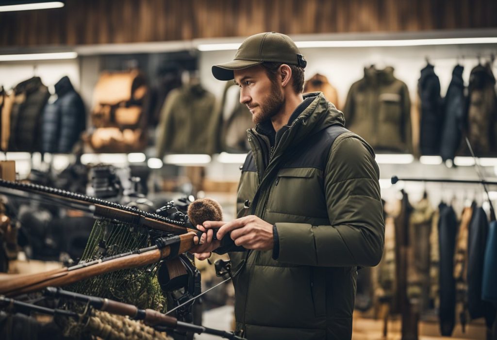 A hunter carefully choosing high-quality cold weather bow hunting clothing from a display of gear in a well-lit outdoor store.
