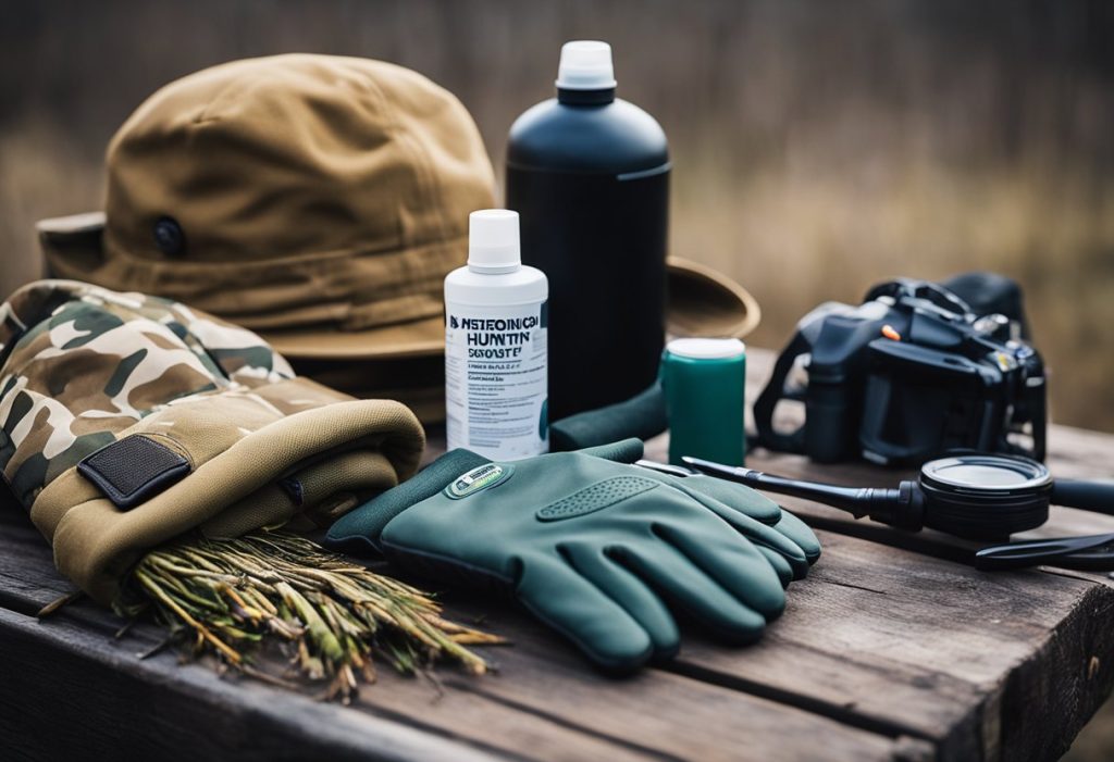 A table holding various cold weather hunting gear: insulated jackets, gloves, hats, and boots. A bottle of waterproofing spray and a small brush for cleaning are nearby.
