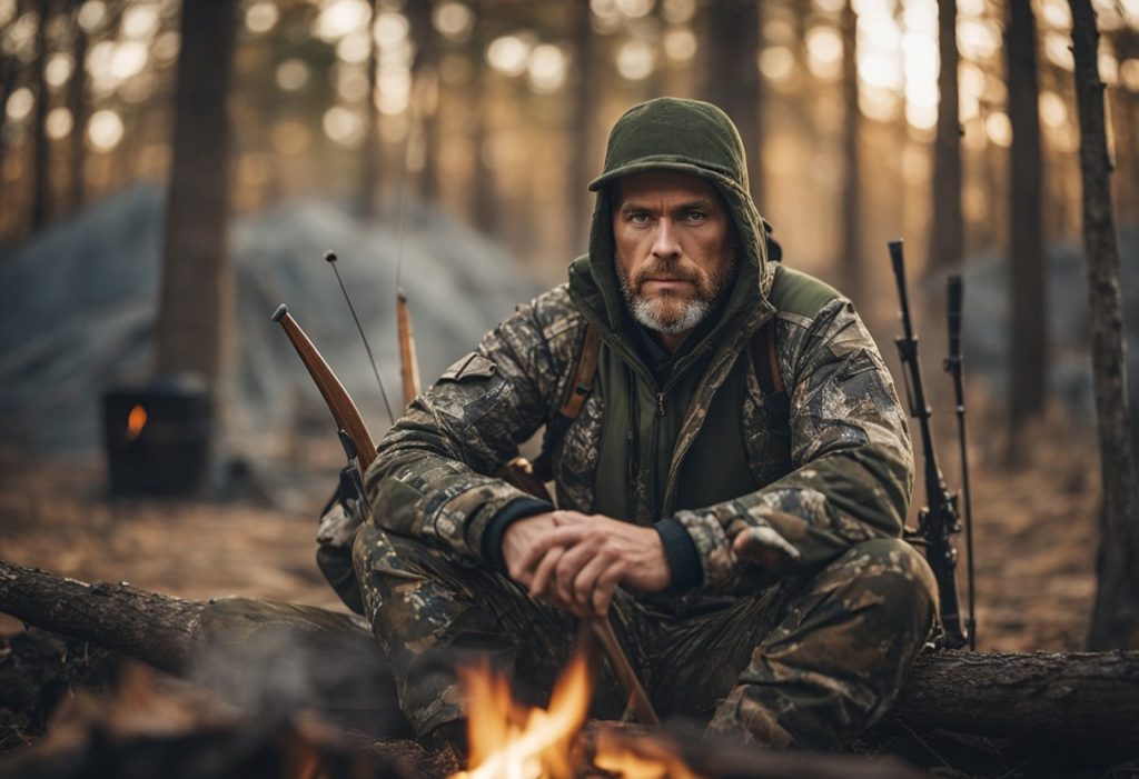 A hunter in camo gear sits by a crackling fire, surrounded by trees. A bow and arrows lean against a nearby tree, while the hunter's insulated clothing keeps them warm in the cold weather