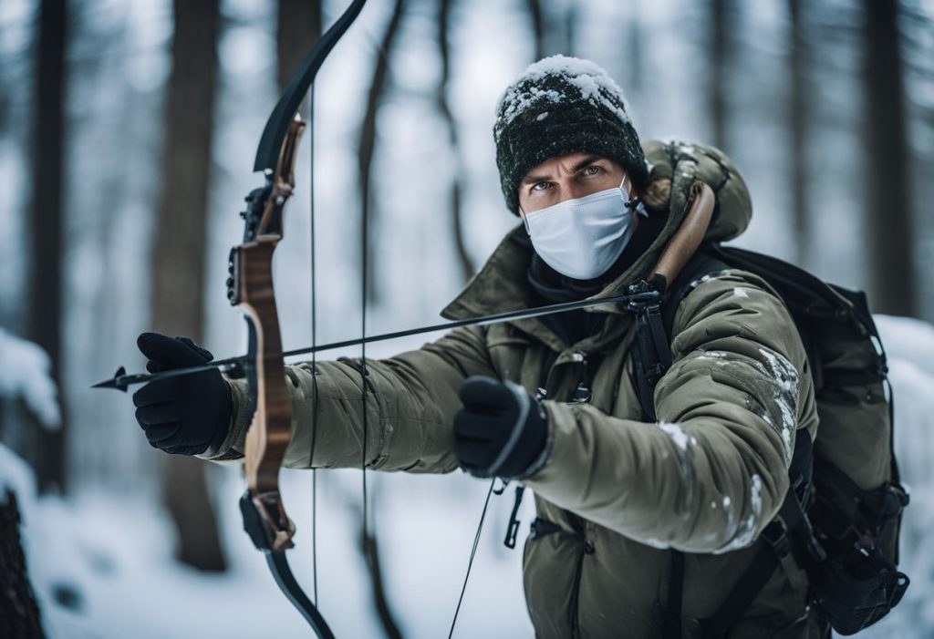A hunter in insulated camo gear, with a face mask and gloves, stands in a snowy forest with a bow and arrow